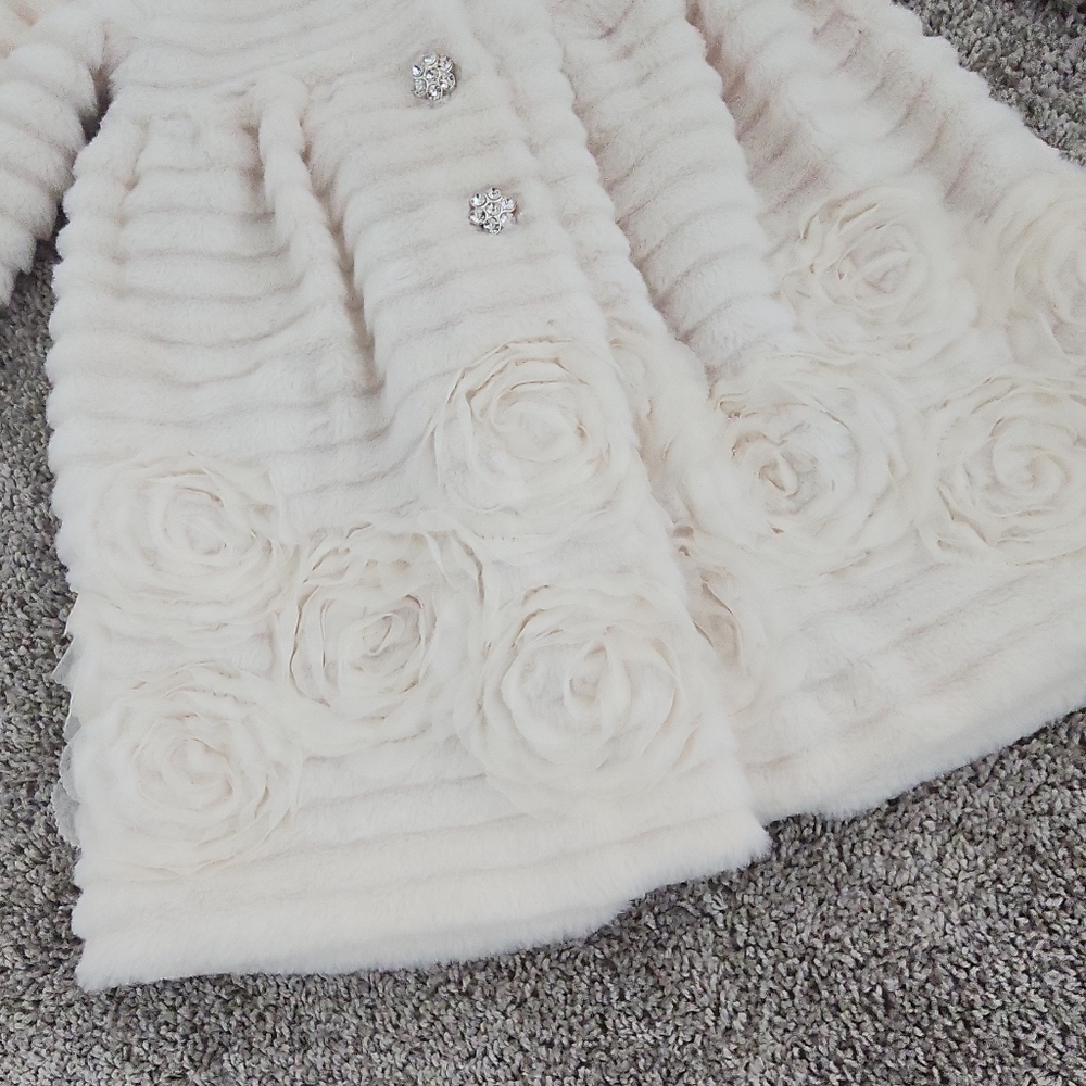 Blueberi Boulevard Ivory Faux Fur Dress Coat with Rhinestone Accent - Picture 3 of 9